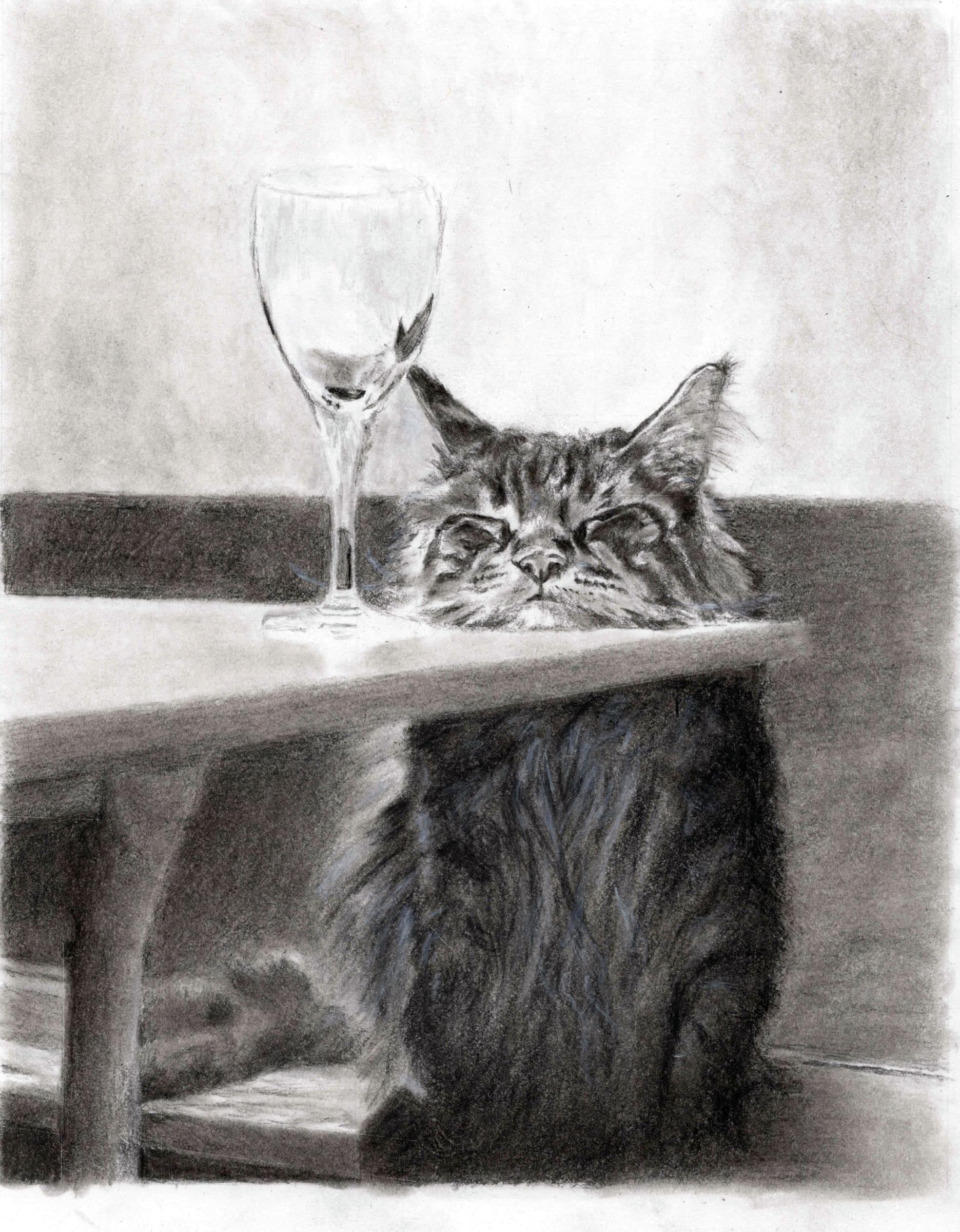 Cat Wine — Black charcoal on white paper by Brett Parker