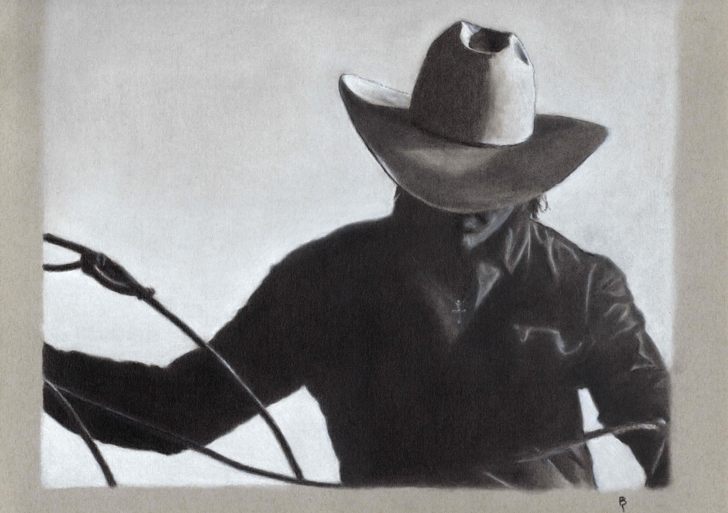 Cowboy 01 — Black and white charcoal on grey paper by Brett Parker