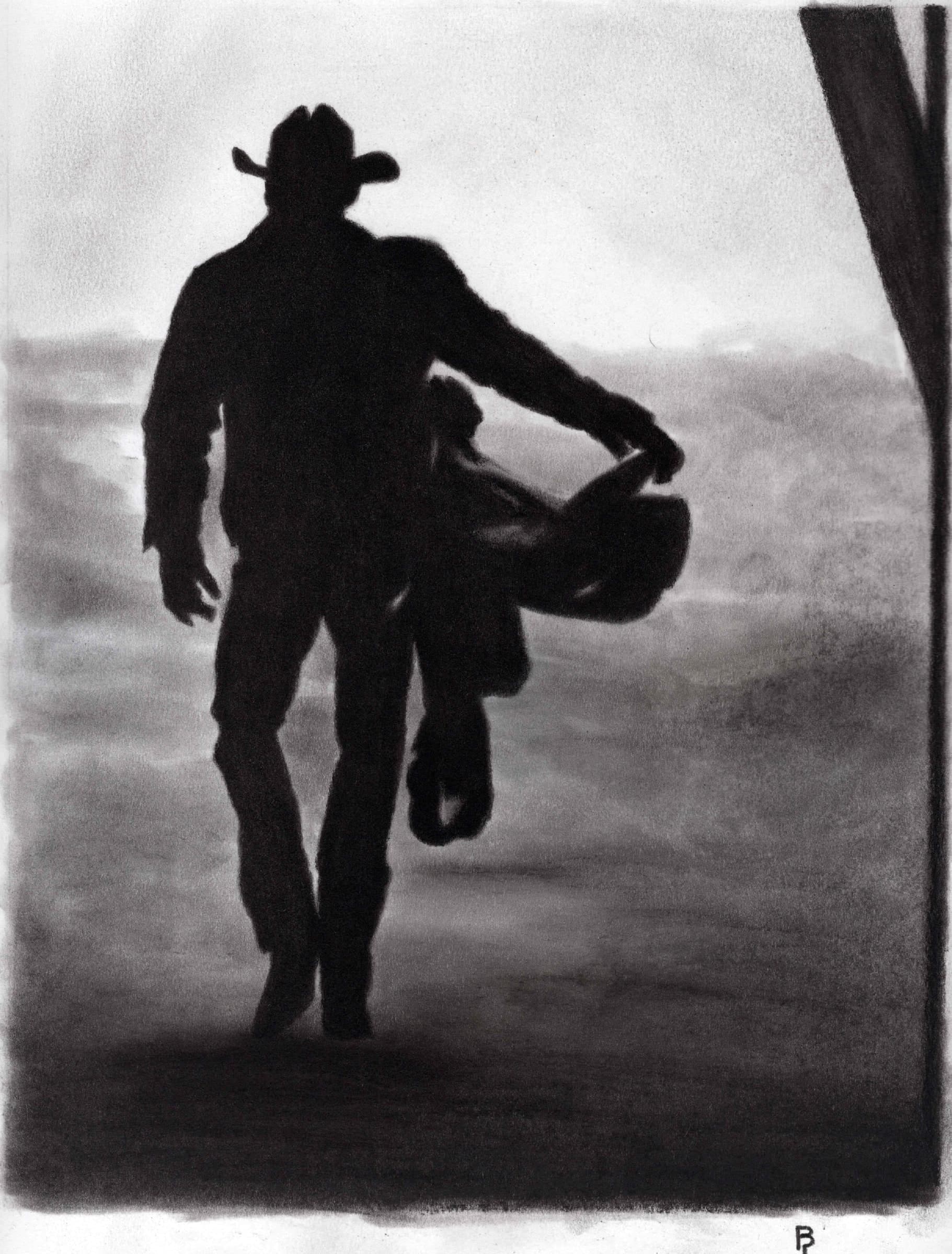 Dawn Start — Black charcoal on white paper by Brett Parker