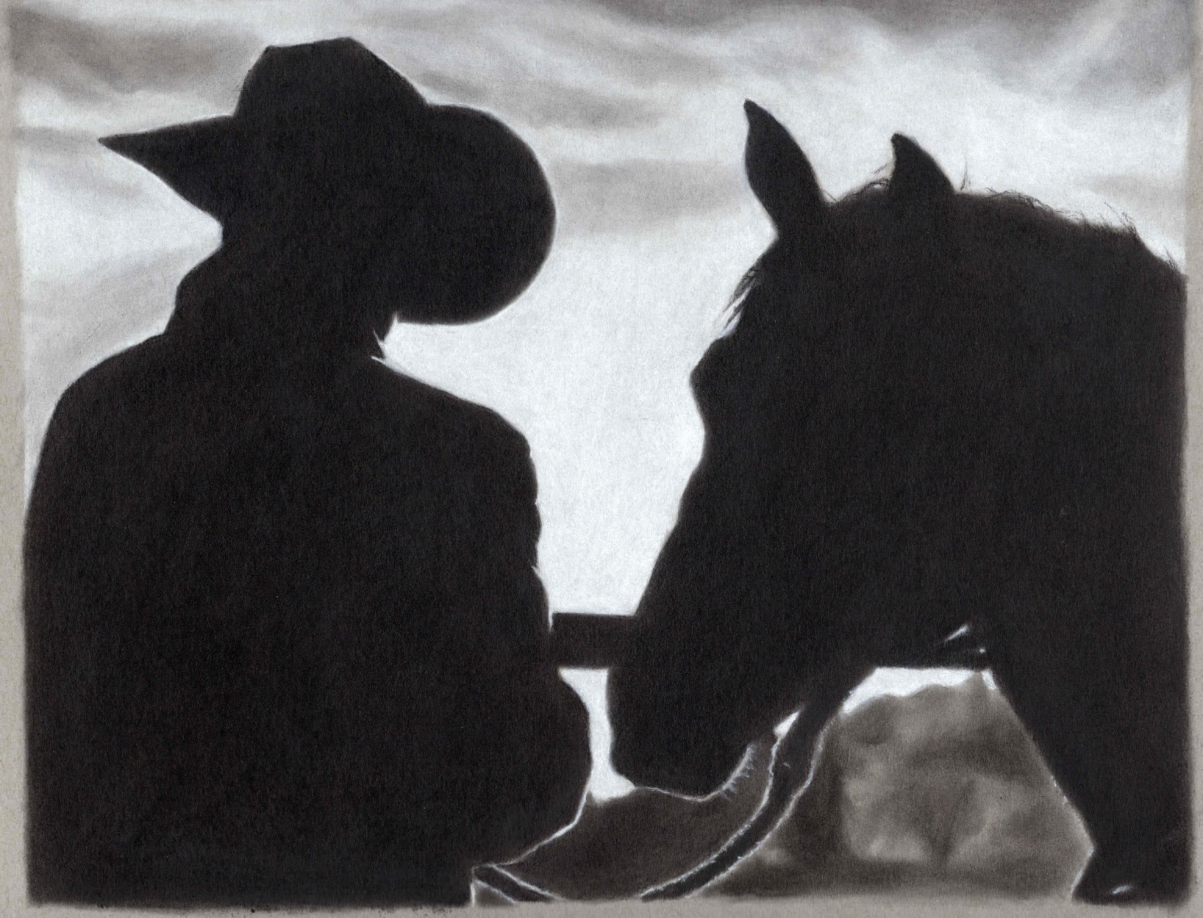 Dusk End — Black and white charcoal on grey paper by Brett Parker