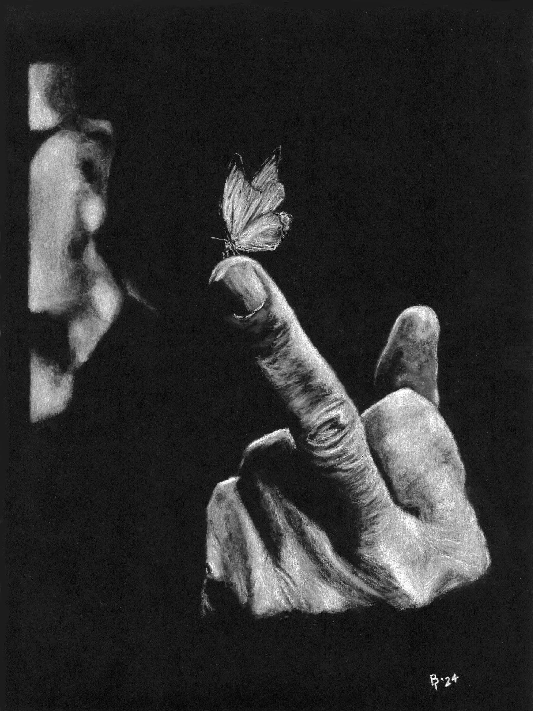 Finger Butterfly — White charcoal on black card stock by Brett Parker