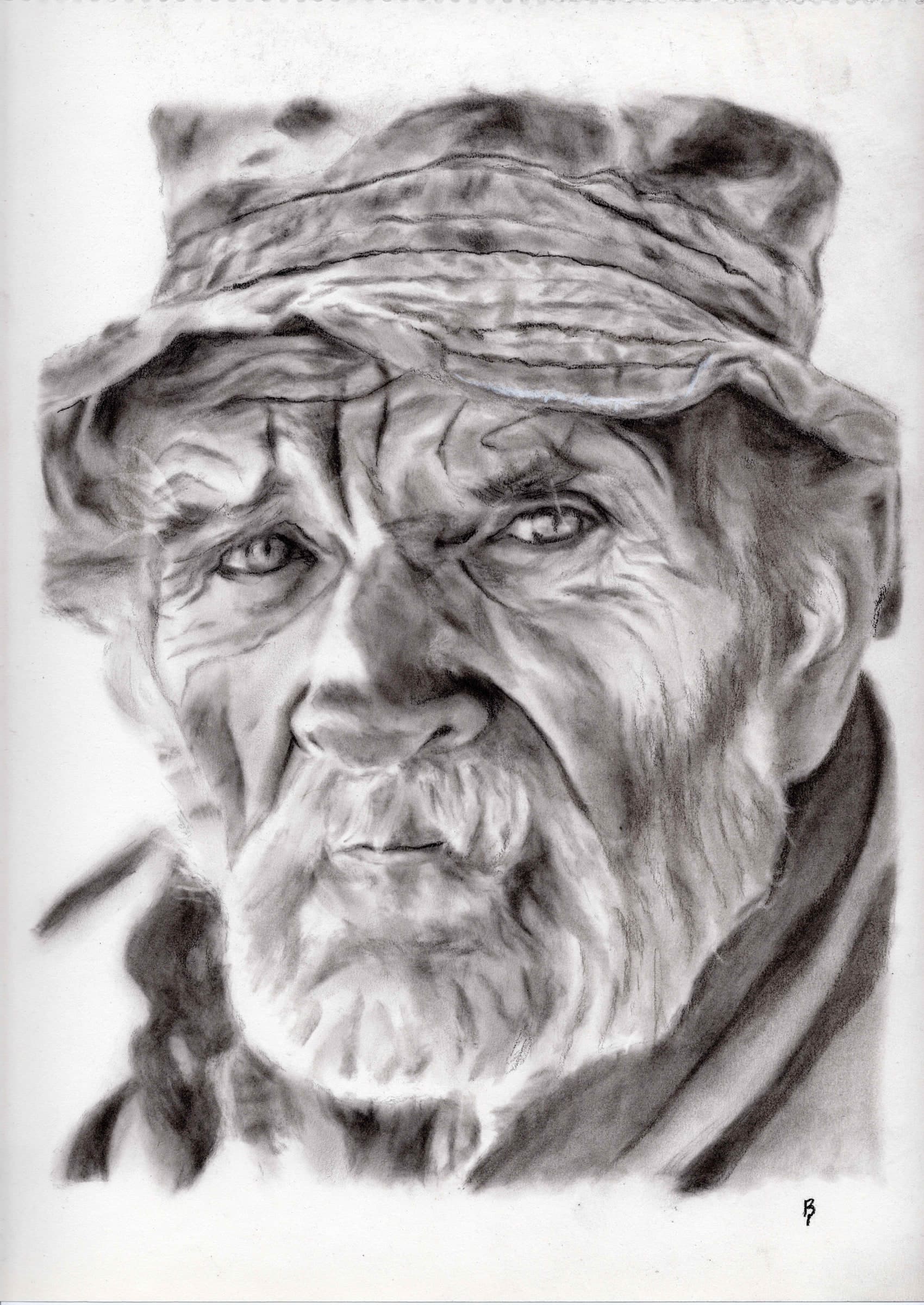 Fisherman — Black charcoal on white paper by Brett Parker
