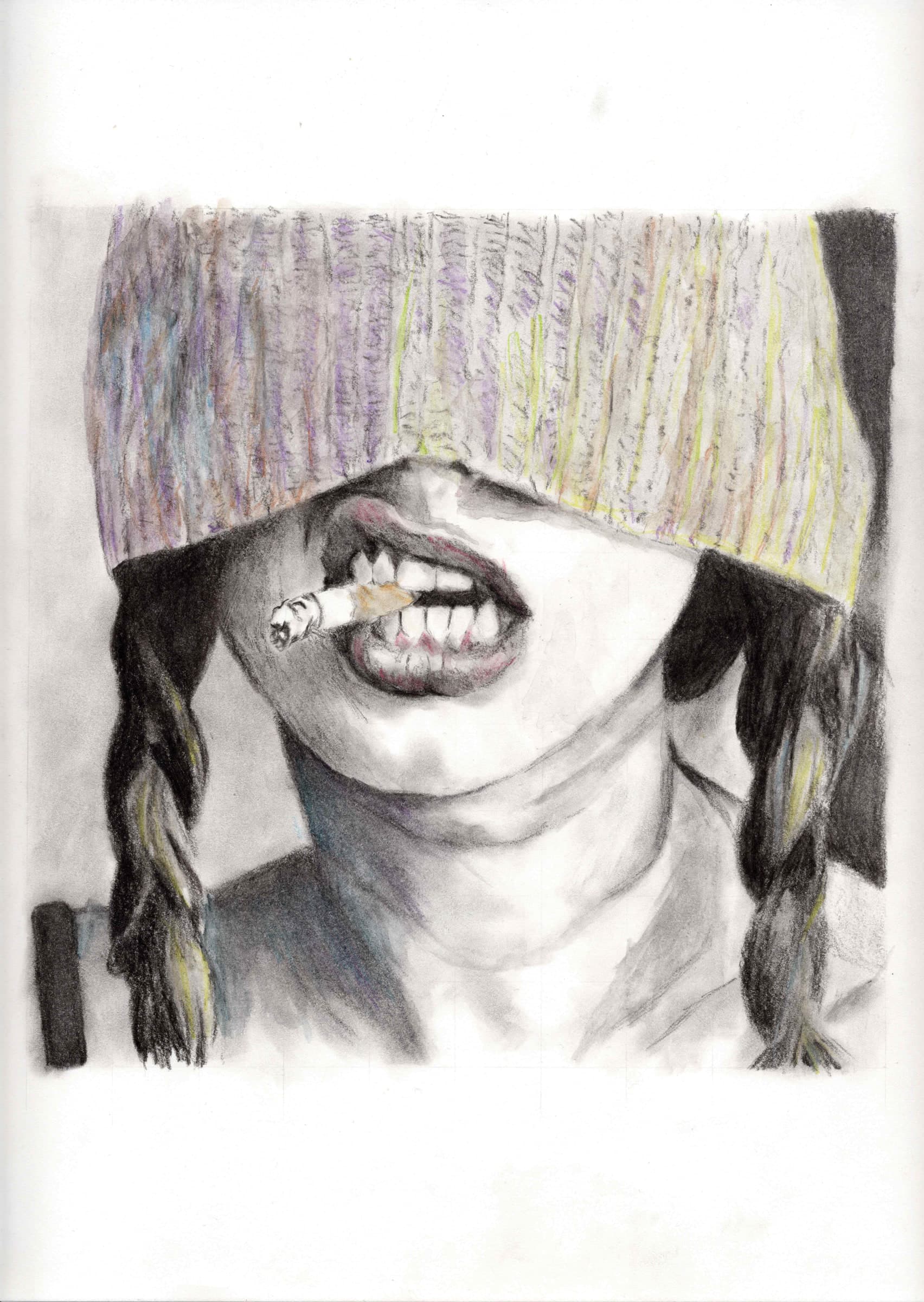 Girl Cig — Black charcoal & watercolor pencil on white paper by Brett Parker