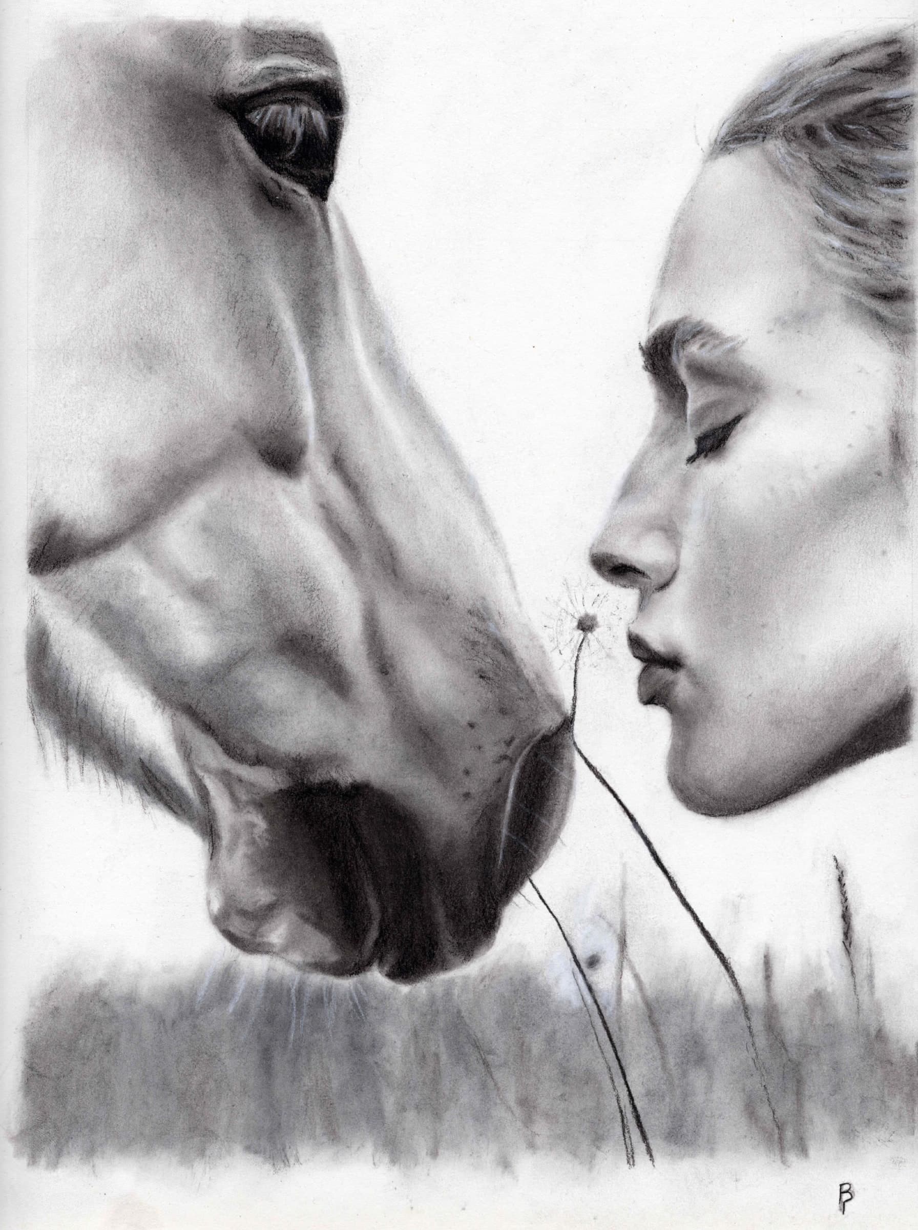 Girl Horse — Black charcoal on white paper by Brett Parker