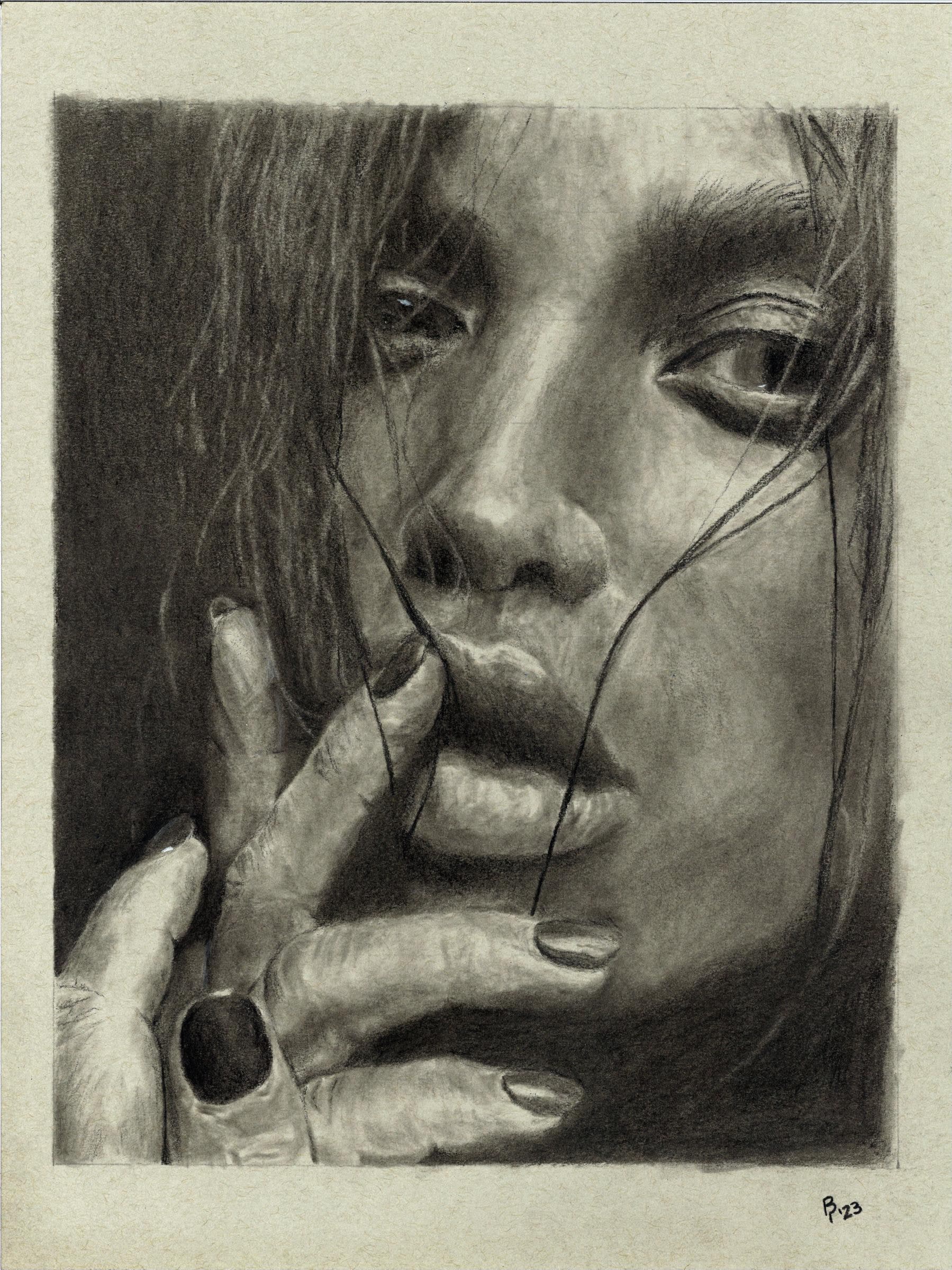 Girl Pose 1 — Black charcoal on grey paper by Brett Parker