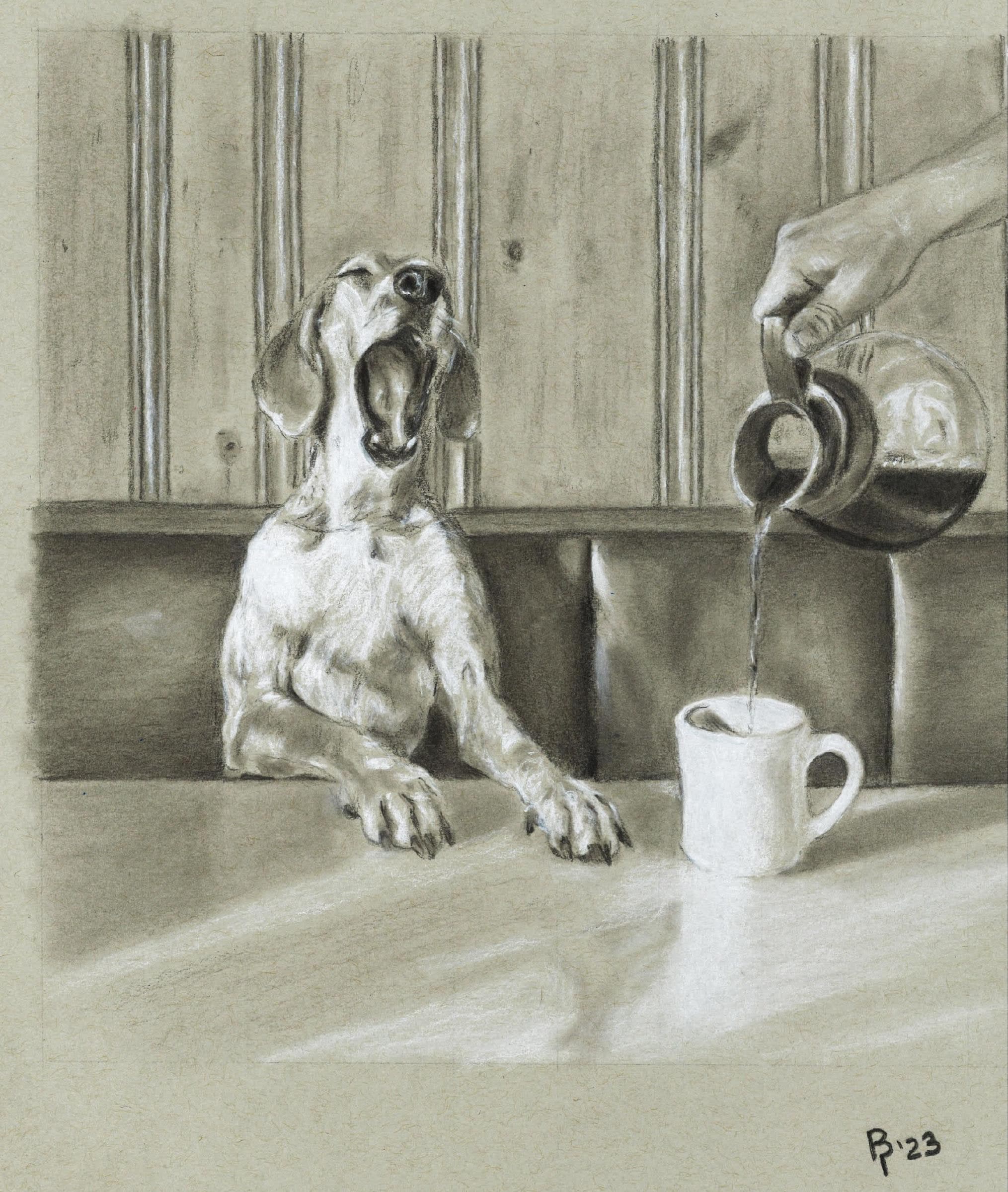 Good Morning — Black and white charcoal on grey paper by Brett Parker