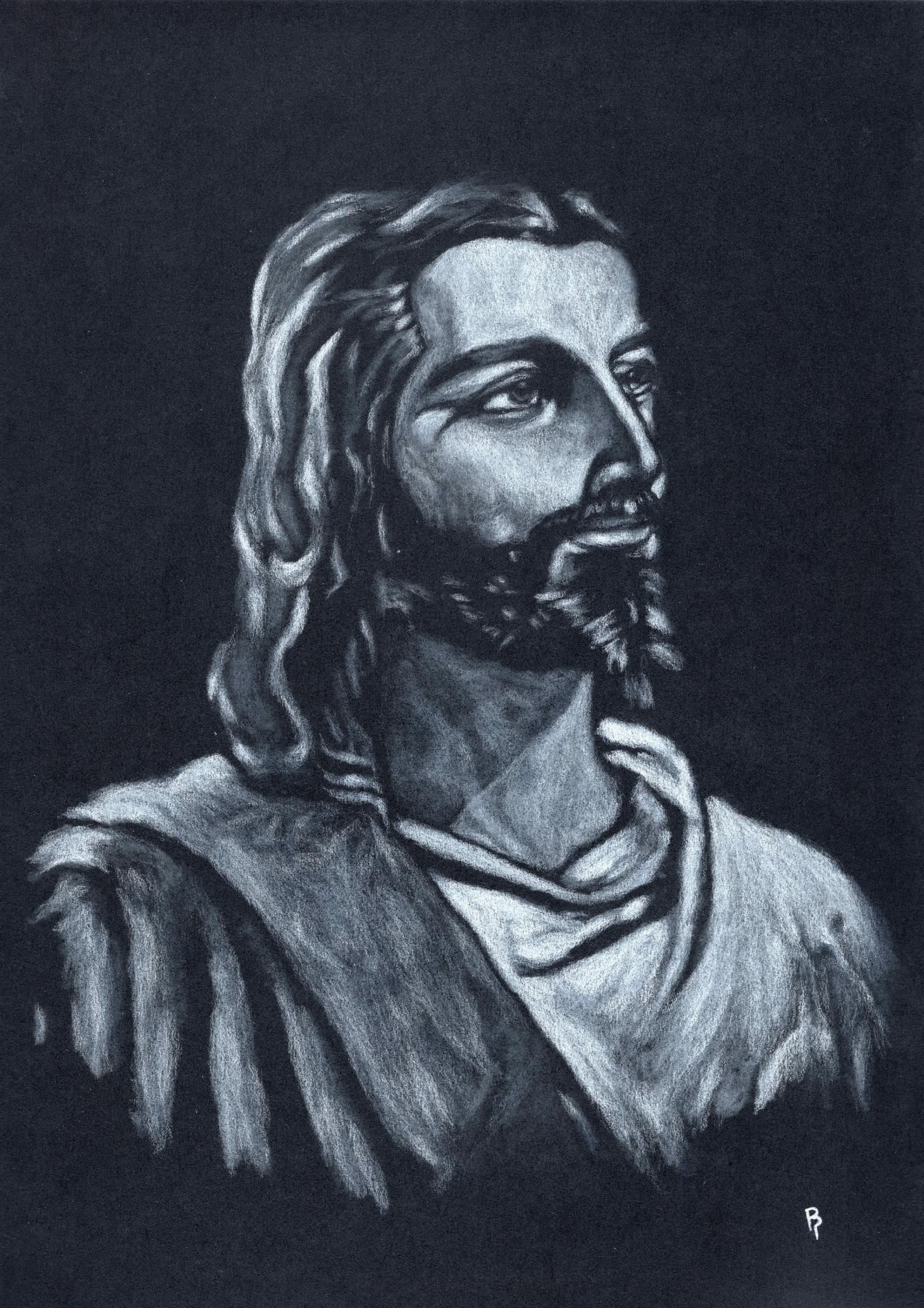 Jesus Retro — White charcoal on black card stock by Brett Parker
