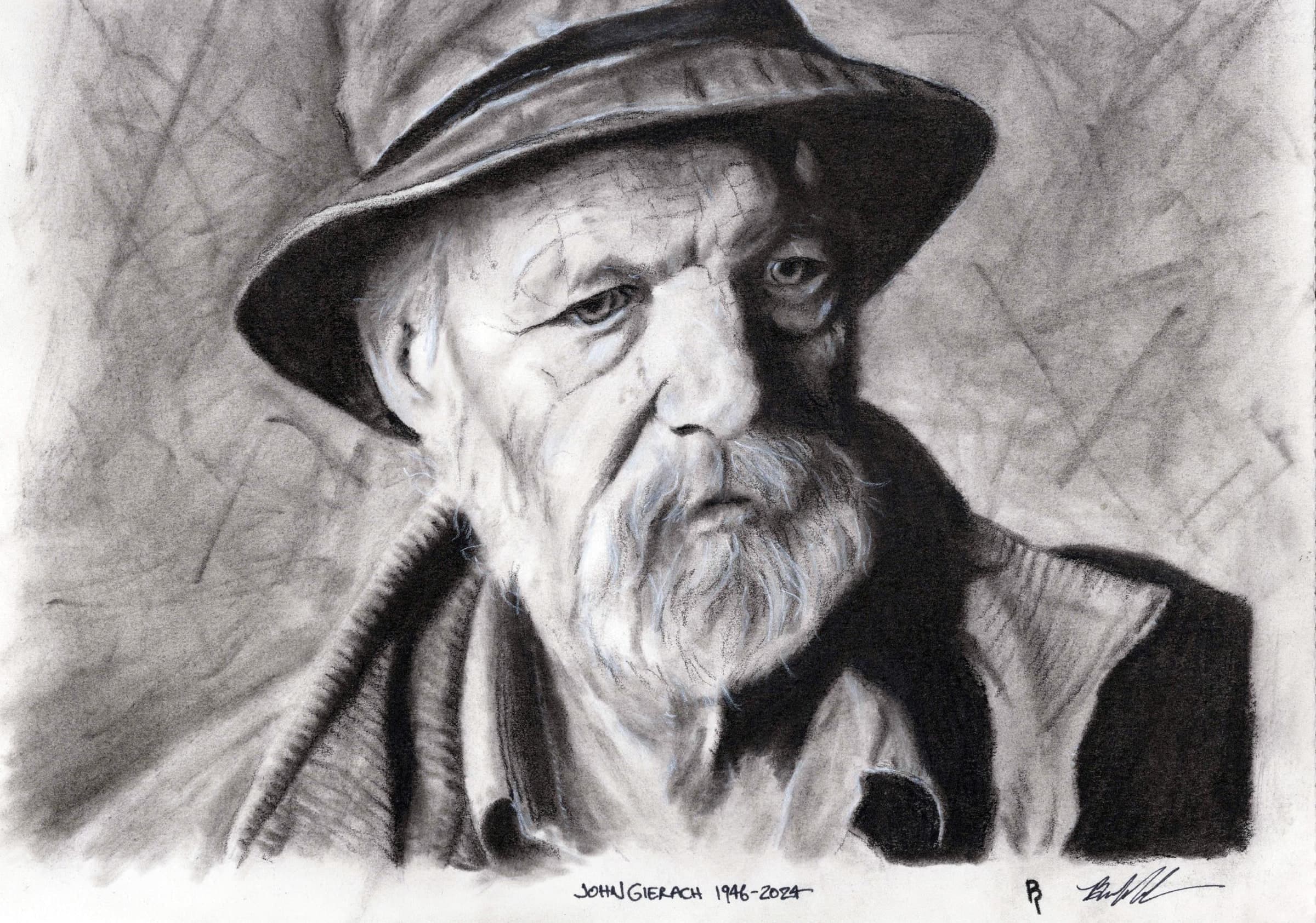 John Gierach — Black charcoal on white paper by Brett Parker