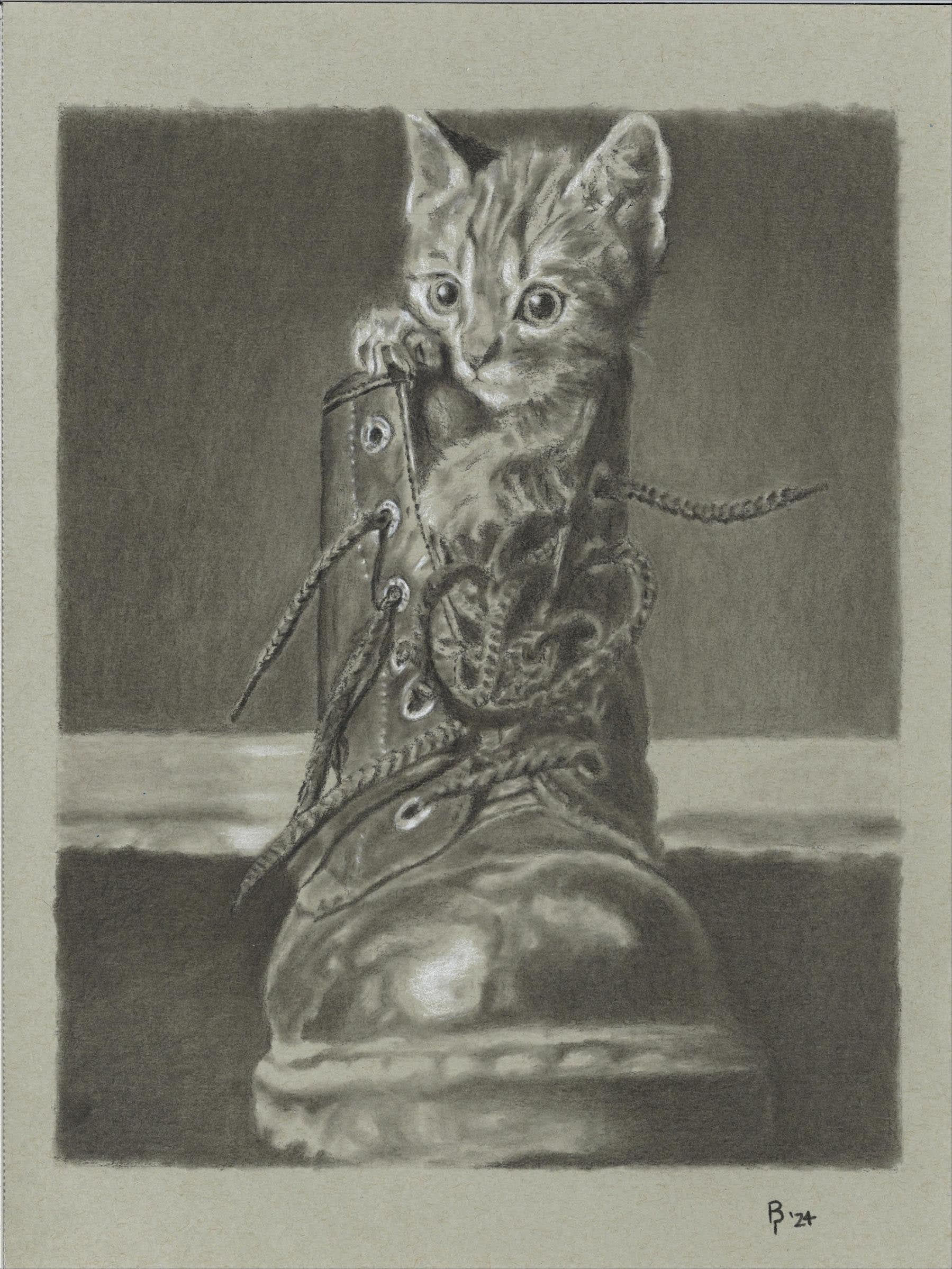 Kitty in Boot — Black charcoal on grey paper by Brett Parker