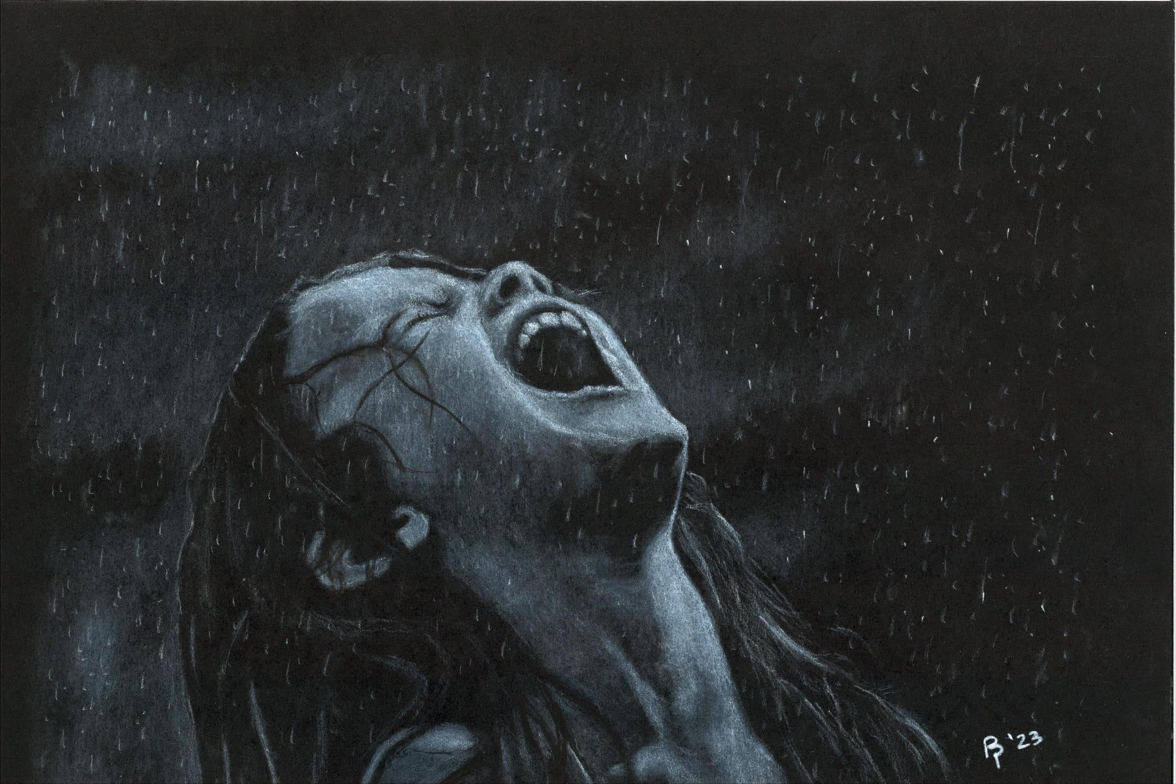 Rain Catcher — White charcoal on black card stock by Brett Parker