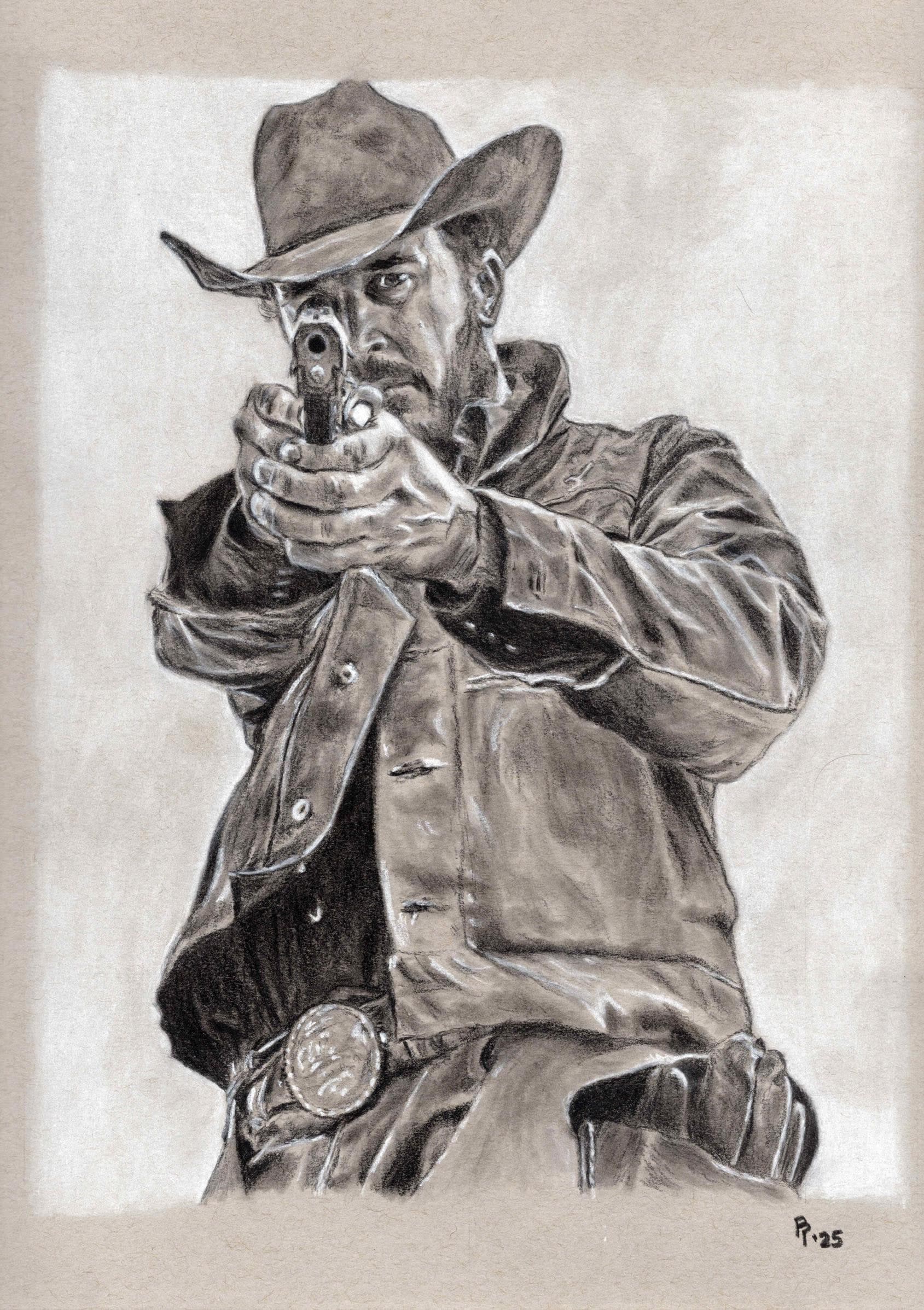 Rip Yellowstone — Black and white charcoal on grey paper by Brett Parker