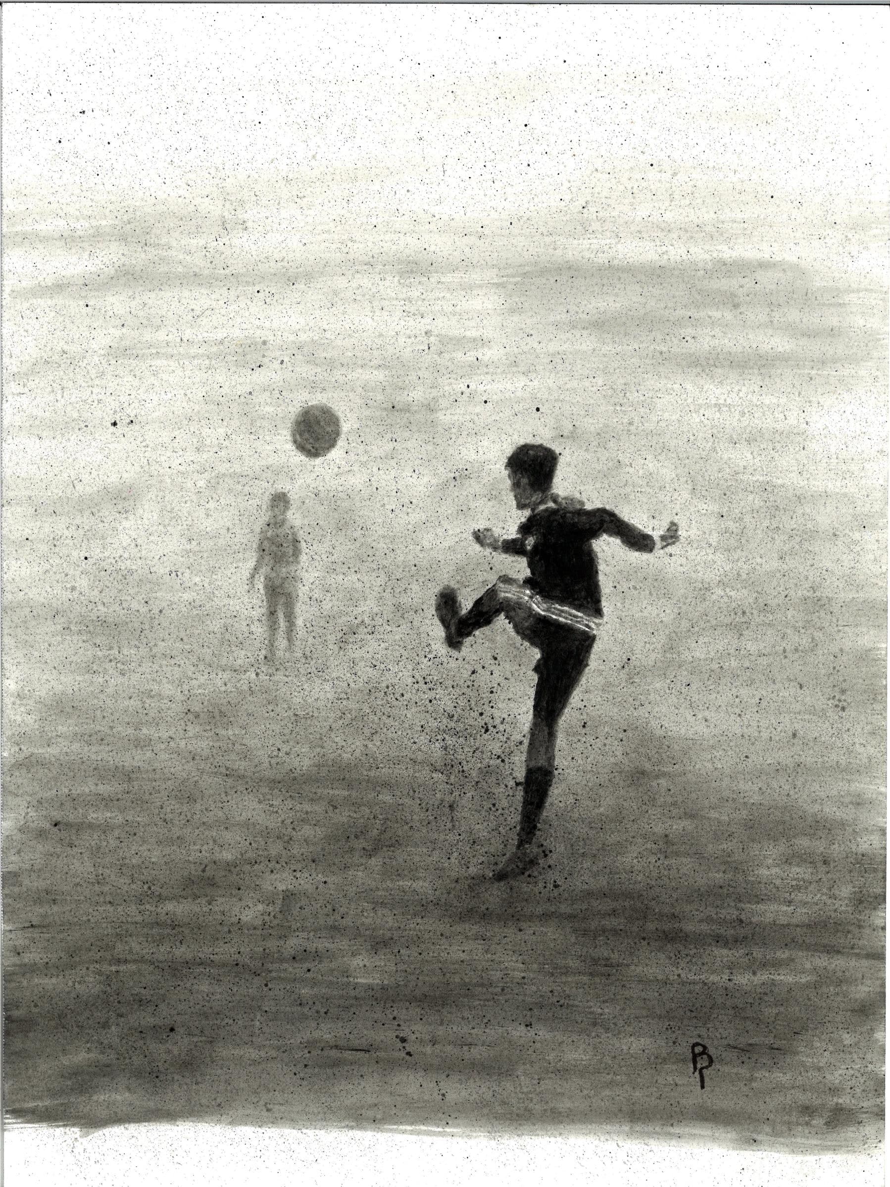 Soccer — Black charcoal on white paper by Brett Parker