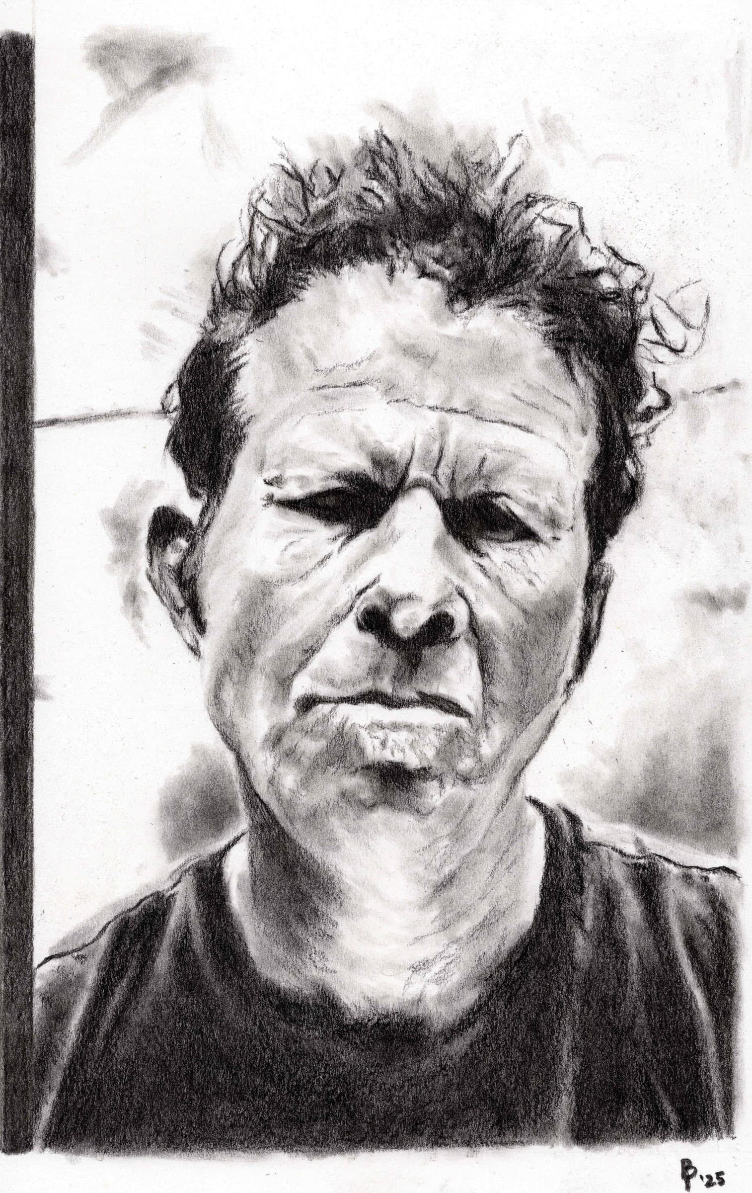 Tom Waits — Black charcoal on white paper by Brett Parker