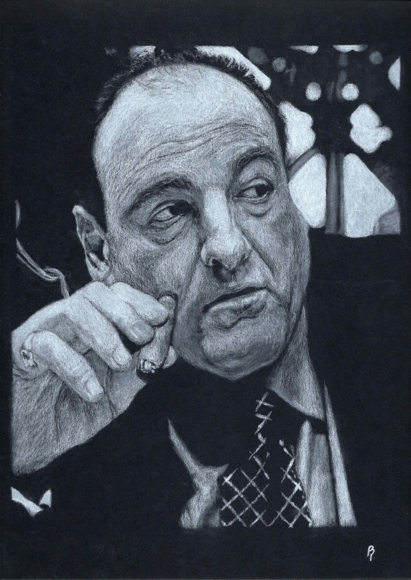Tony Soprano — White charcoal on black card stock by Brett Parker