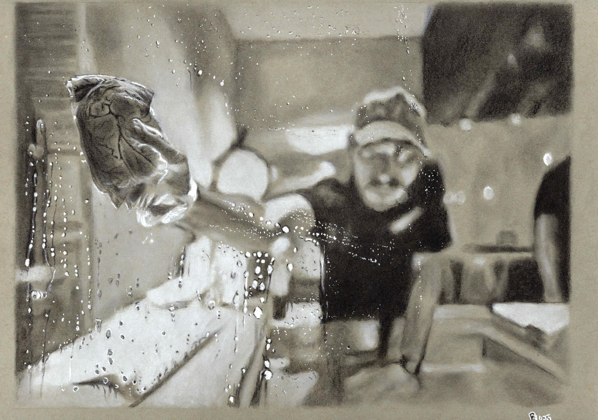 Window Washer — Black and white charcoal on grey paper by Brett Parker