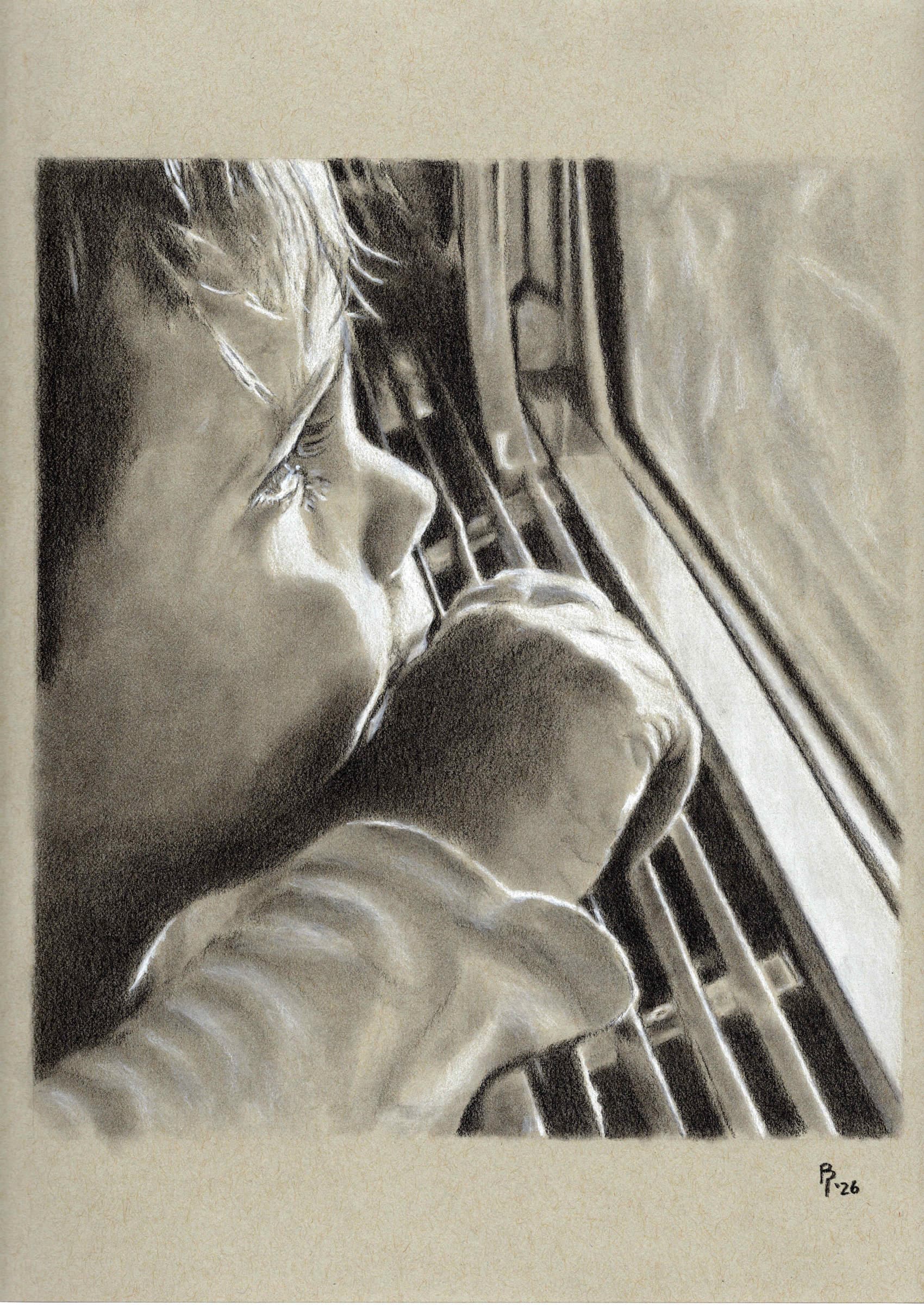 Wonder — Black and white charcoal on grey paper by Brett Parker